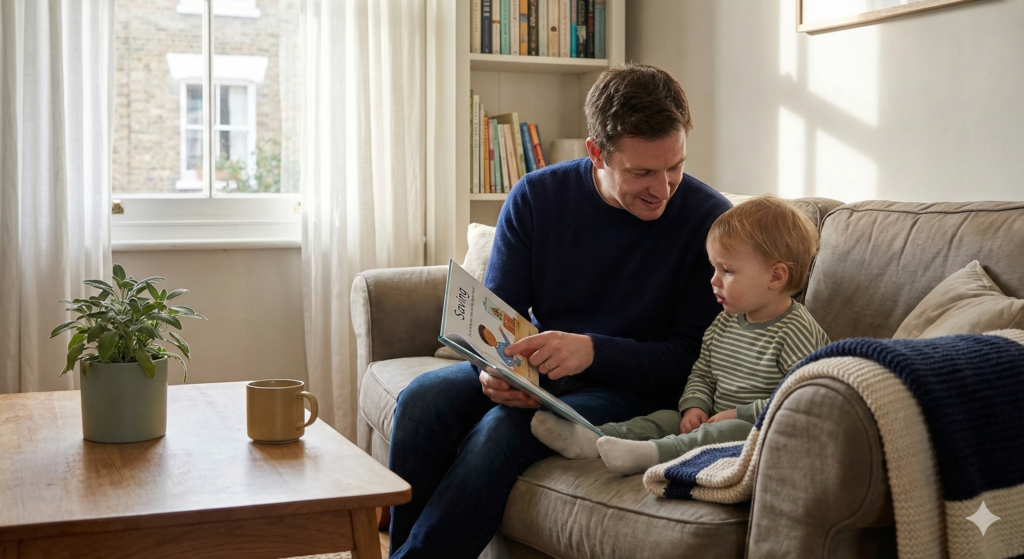 A smiling father and his young toddler sitting together on a living room sofa reading a book in soft natural light.