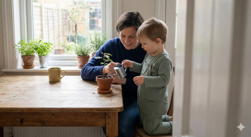 A smiling mother and young toddler in a bright kitchen carefully watering a very small potted oak sapling together.