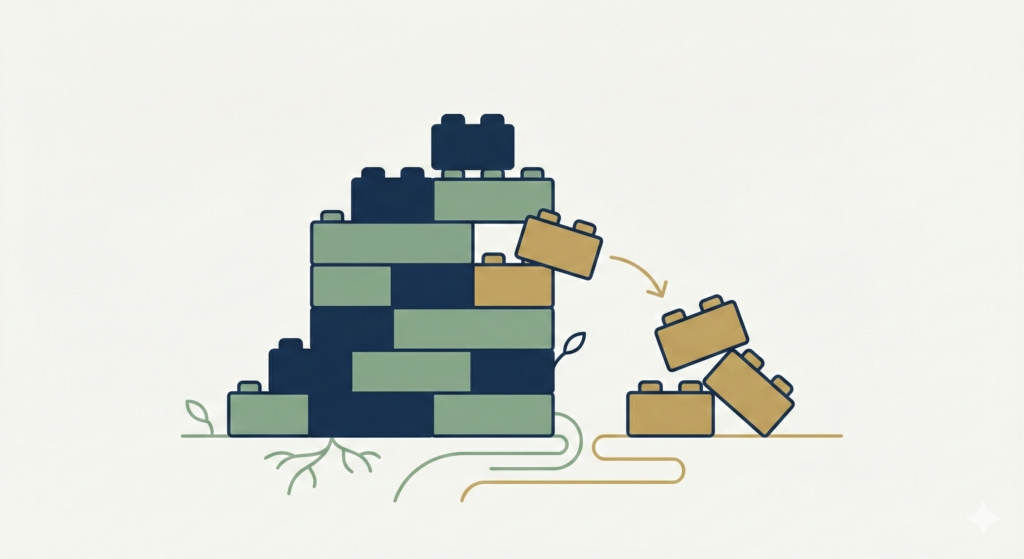 An illustration showing two stacks of building blocks, one large and growing, and a smaller pile of blocks that have been removed, representing investment fees reducing a portfolio.