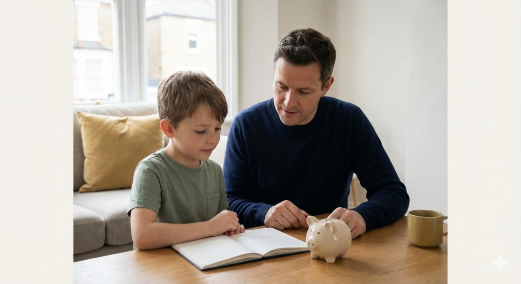 A father and son sitting together at a wooden table in a living room, discussing notes in an open book next to a ceramic piggy bank.