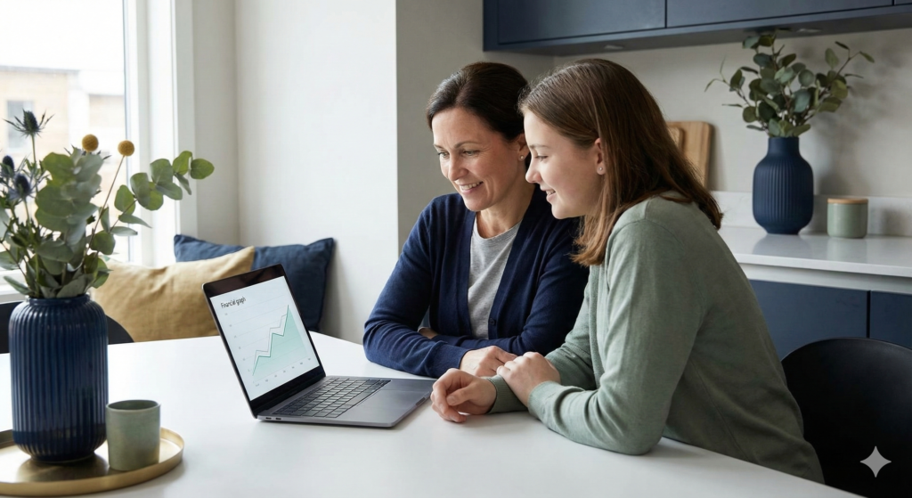 A mother and her teenage daughter sit together at a kitchen table, both smiling as they look at a laptop screen displaying a rising financial graph.