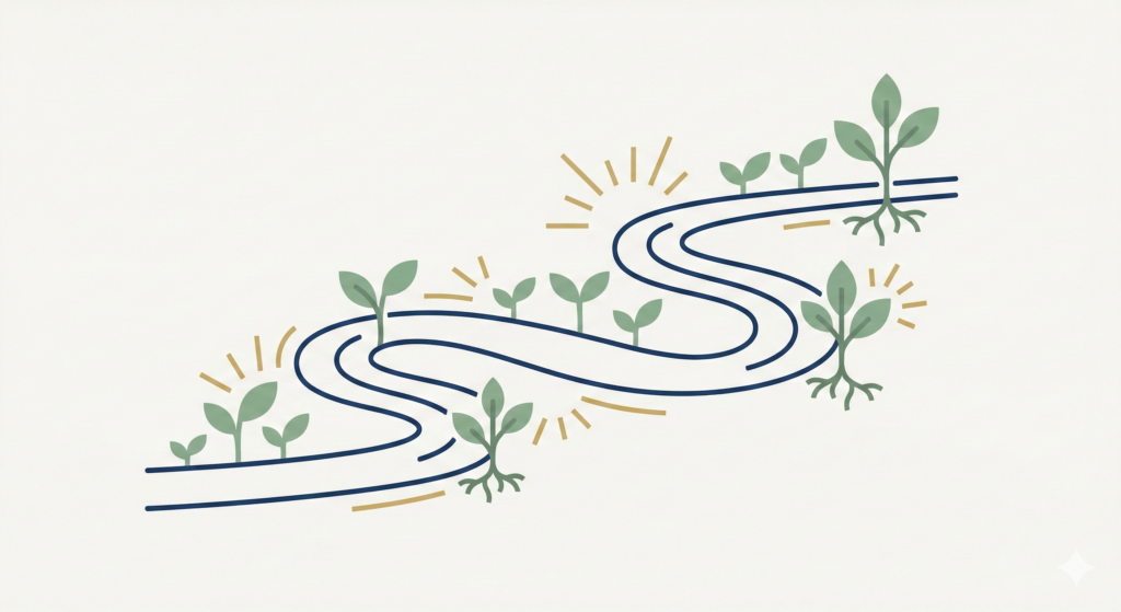 A flat design illustration on an off-white background showing a winding navy blue path steadily rising, decorated with sprouting sage green plants and muted gold sun accents, symbolizing a sustainable investment journey.