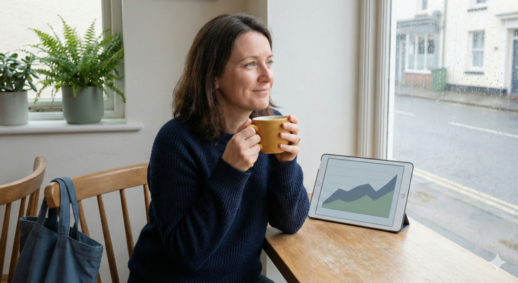A candid photograph of a relaxed woman in a navy knit jumper sitting in a cozy cafe, holding a yellow mug and looking out a window. A tablet on the table displays a simple, upward-trending graph in sage and slate blue, symbolizing a calm and approachable approach to investing.