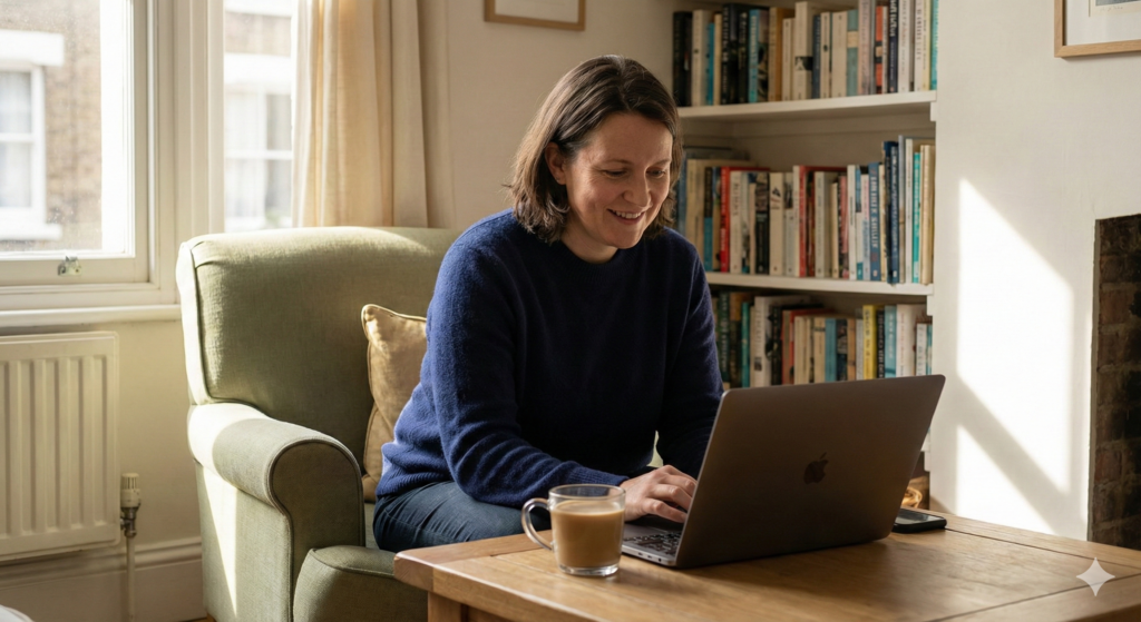 A smiling woman sitting in a comfortable armchair in a sunlit living room, looking at a laptop with a coffee mug on the table beside her.