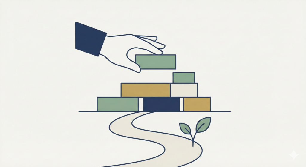 A flat design illustration in navy, sage green, and muted gold shows a hand gently levelling a stack of rectangular building blocks. Below, a winding path leads to a small sprouting plant, symbolizing balance and organic growth in investing.
