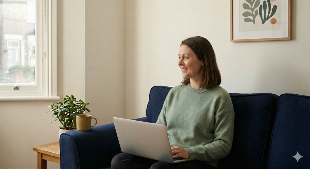 A calm, modern photograph of a smiling woman in a sage green jumper sitting on a deep navy blue sofa, using a silver laptop. A muted gold mug and a green plant are on a nearby table. The image conveys the approachable and simple nature of opening a Stocks and Shares ISA.