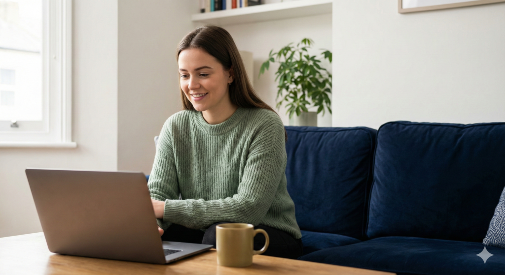 A candid photo of a young woman in a sage green jumper smiling as she looks at a laptop screen in a cosy, sunlit living room. A mug sits on the coffee table beside her.