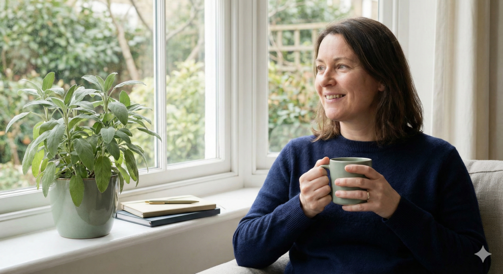 A candid photograph of a relaxed woman in a navy sweater holding a mug and smiling out a window next to a healthy sage green plant, symbolizing financial peace of mind and future growth.