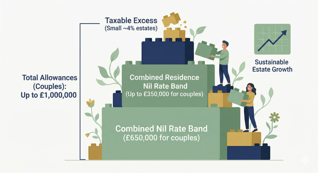An infographic illustration in a clean flat design style showing a large, stable structure built from green and navy building blocks. The largest section is a foundation of green blocks labeled "Combined Nil Rate Band (£650,000 for couples)." Above this is another green section labeled "Combined Residence Nil Rate Band (Up to £350,000 for couples)." The total stack is labeled "Total Allowances (Couples): Up to £1,000,000." At the very top are tiny golden blocks representing the taxable excess (labeled "Small ~4% estates"). Sprouting plants surround the structure, and two smiling people add a block. A minimalist chart shows an upward trend labelled "Sustainable Estate Growth