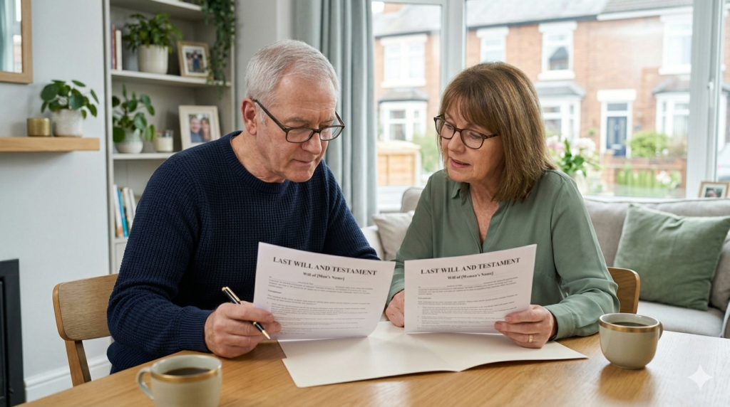 A candid photograph of an older couple sitting together at a wooden dining table in a bright, comfortable UK living room. They are calmly reading their individual Last Will and Testament documents. The man is wearing a navy blue jumper and the woman is wearing a sage green blouse. Cups of coffee rest on the table, creating a relaxed and approachable atmosphere for discussing estate planning.