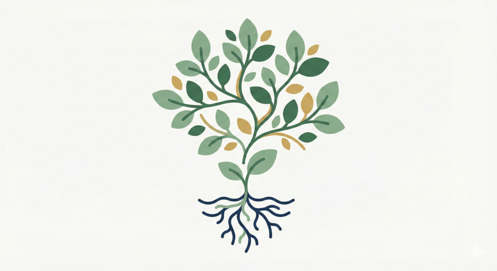 A clean minimalist illustration of a small sage green seedling growing into a large tree with winding navy blue roots, representing natural financial growth.