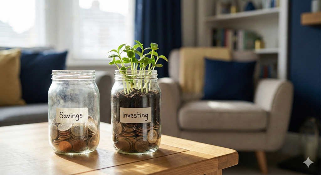 Two glass jars sitting on a wooden coffee table. One jar is labeled Savings and contains metal coins. The second jar is labelled Investing and features green seedlings sprouting from dark soil, illustrating financial growth.