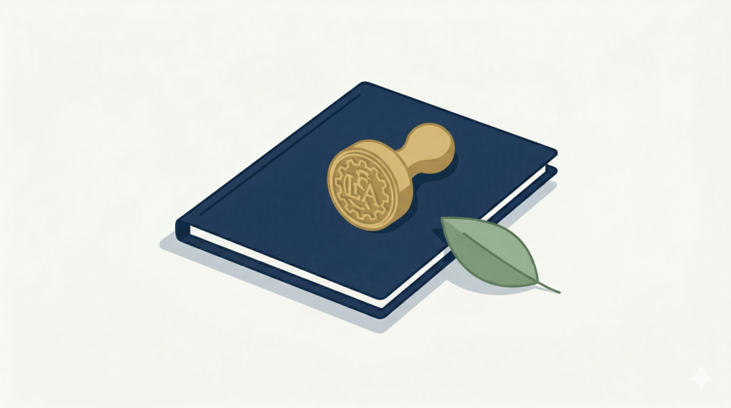 A minimalist flat design illustration of a closed navy blue legal folder resting on a light grey shadow against a clean off white background. A muted gold official stamp rests on top of the folder, representing the authorized power and legal validation of a Lasting Power of Attorney. A single healthy sage green leaf leans against the bottom edge of the folder, symbolizing continued growth and care.