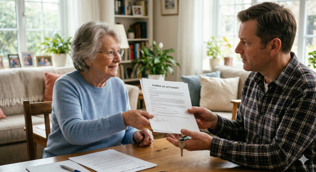 A candid photograph showing an older woman smiling warmly as she hands a Power of Attorney document across a wooden table to a younger man. The younger man is carefully receiving the paperwork while holding a set of keys in his other hand, symbolizing the secure transfer of responsibility and care. The setting is a cozy home environment with soft natural lighting and indoor plants.