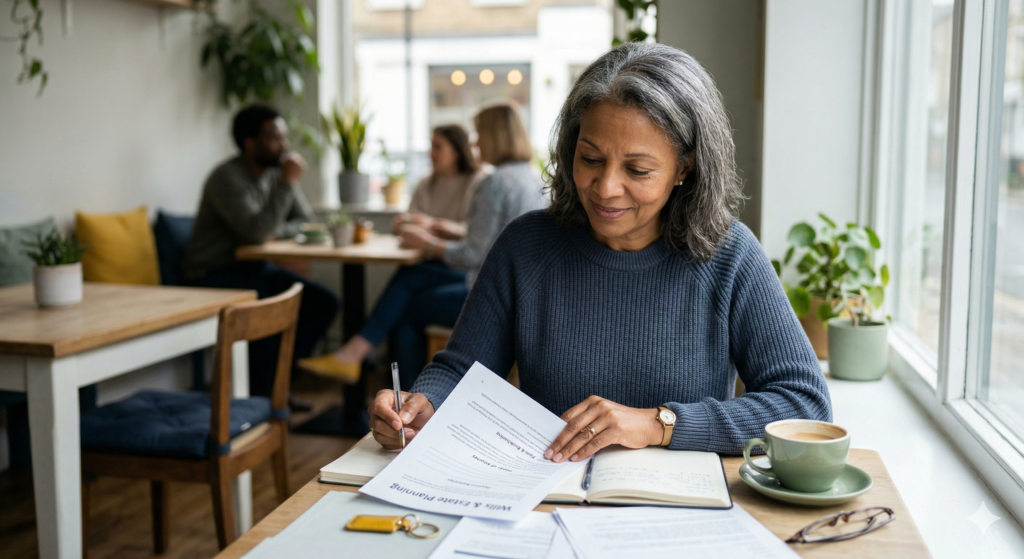 A candid photograph, utilizing soft natural light from a window, showing a focused woman with grey-streaked hair sitting thoughtfully at a wooden cafe table. She is looking intently at a document labeled 'Wills & Estate Planning' with a pen in hand. A sage green mug rests beside a notebook and keys. The cafe interior is a soft blur of other patrons and greenery. She wears a navy blue knit sweater and a small gold watch. The mood is calm and purposeful.