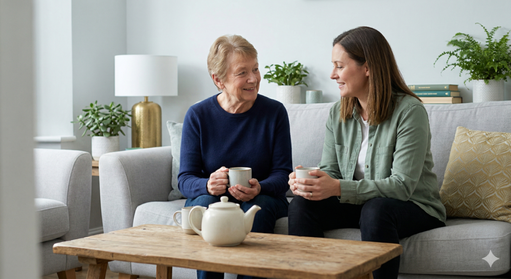A candid, naturally lit photograph of an older woman and a younger woman laughing together on a comfortable grey sofa in a cozy living room. The older woman wears a navy sweater, and the younger woman wears a sage green shirt. They are holding mugs and smiling, appearing relaxed and focused on conversation. The setting features houseplants and books.