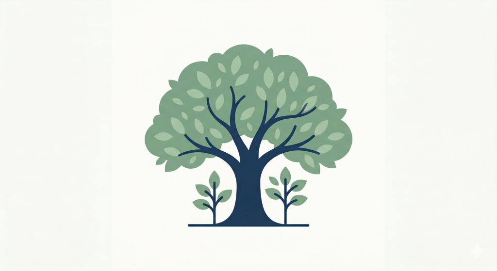 A minimalist flat illustration of a sturdy, mature tree with a broad, protective sage green canopy sheltering two small saplings, symbolizing the security and protection provided by life insurance for dependants.
