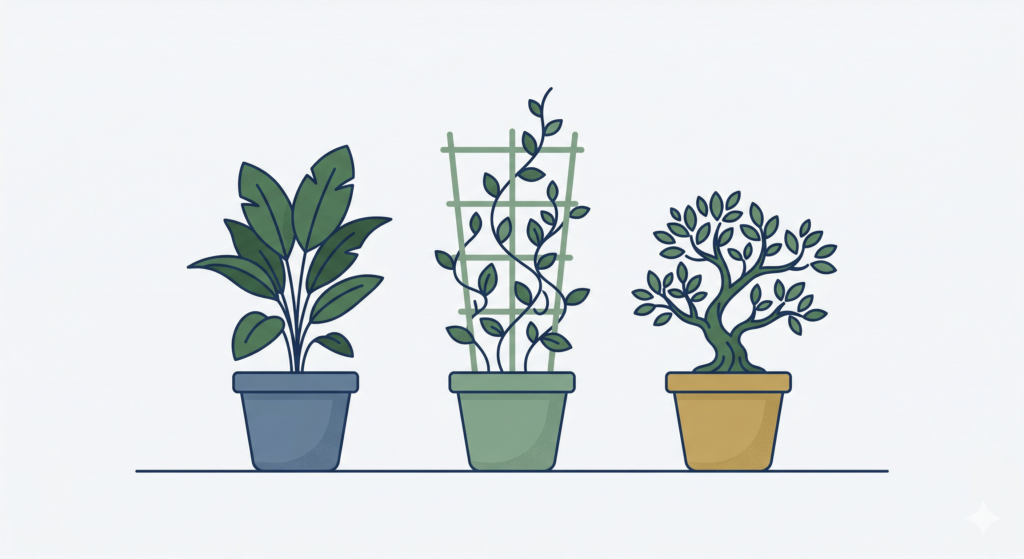 A minimalist flat illustration showing three stylized green plants in ceramic pots on a simple navy blue shelf. From left to right: A broad-leaf plant in a slate blue pot, a climbing vine on a trellis in a sage green pot, and a deeply rooted, compact tree in a muted gold pot. The background is clean and uncluttered off-white.