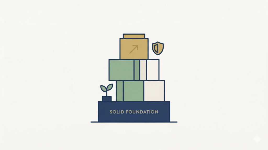 A flat, minimalist illustration. A solid navy blue base block is labeled "SOLID FOUNDATION" in off-white text. Above it are stacked sage green, off-white, and muted gold blocks, with the top block featuring an upward-trending arrow. A sage green plant and a gold shield icon stand beside the stack, symbolizing organic growth and protection.