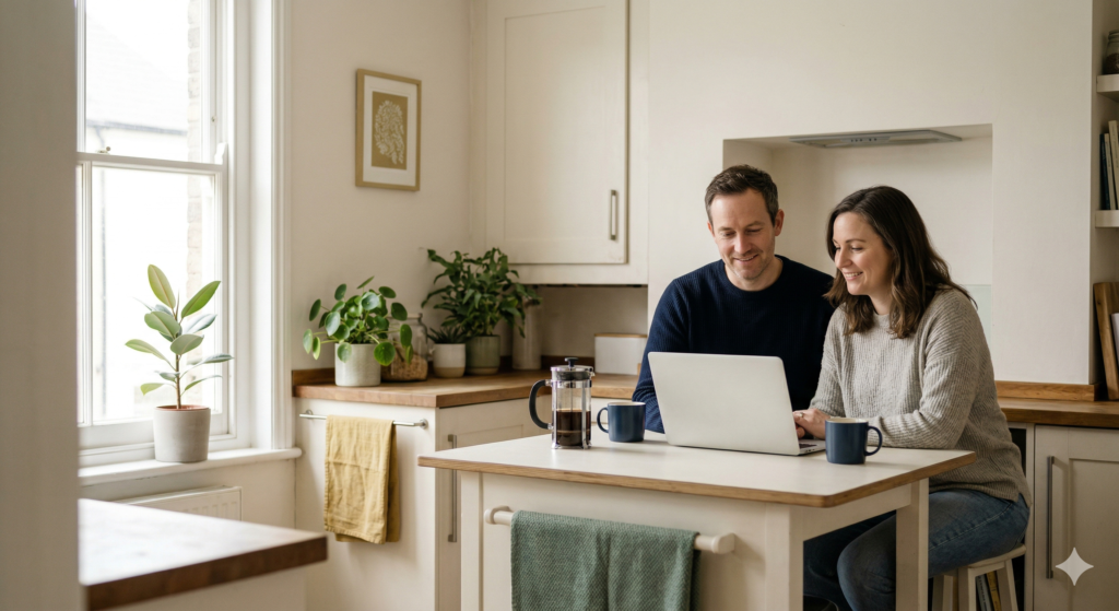 A candid photograph of a happy couple in their cozy, light-filled UK kitchen, looking together at a laptop screen with contented expressions, representing shared financial planning and security.