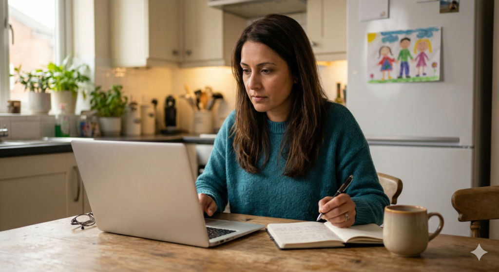 Priya, a woman in her early forties with dark brown hair wearing a teal knit jumper, sits alone at a wooden kitchen table in her Leeds home. Her laptop is open in front of her and she is writing notes in a notepad with a pen, her expression focused and serious. A mug sits on the table beside her. A child's colourful family drawing is visible on the fridge behind her and houseplants line the kitchen windowsill.