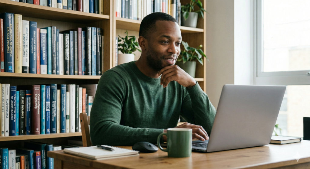 Marcus, a Black British man in his mid thirties wearing a forest green jumper, sits at his desk in his London flat looking at an open laptop with a quietly surprised and pleased expression. His chin rests lightly on his hand. A green mug sits on the desk beside the laptop. Engineering books fill the bookshelves behind him and a plant is visible near the window.