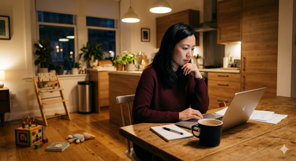 Aisha, a British Chinese woman in her mid thirties wearing a burgundy jumper, sits alone at a wooden kitchen table in her Glasgow flat in the evening. Her laptop is open in front of her and she is reading with a focused expression, her chin resting on her hand. A notepad, pen, and dark mug sit on the table. A toddler highchair is visible in the background and children's toys are scattered on the floor nearby.