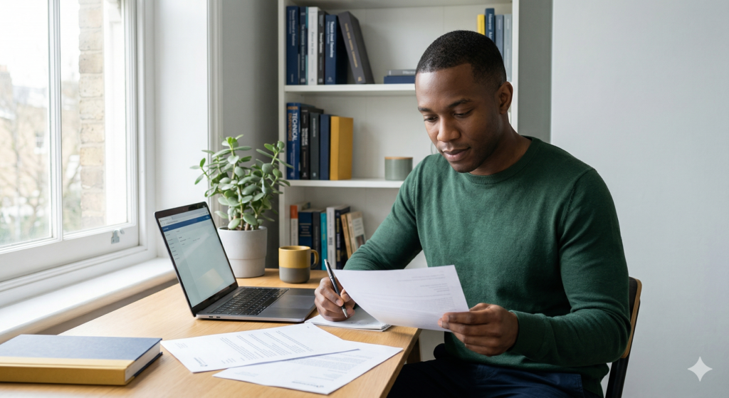 Marcus, a Black British man in his mid thirties wearing a forest green jumper, sits at his desk in his London flat holding a printed document and making notes in a notepad. A laptop is open to one side and further documents are spread on the desk. Technical books are visible on the shelves behind him and natural daylight comes through the window. His expression is focused and methodical.