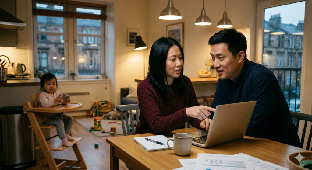 Aisha and Lee, a British Chinese couple in their late thirties, sit together at a wooden kitchen table in their Glasgow flat in the evening. Aisha is wearing a burgundy jumper and pointing at an open laptop screen. Lee is wearing a navy shirt and leaning in with an engaged expression. A notepad and mug sit on the table. Their toddler daughter Mei sits independently in her highchair in the background playing with a toy. Glasgow tenement buildings are visible through the window behind them.