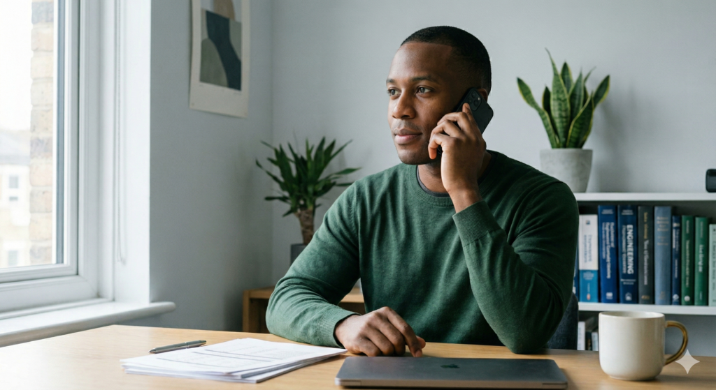 Marcus, a Black British man in his mid thirties wearing a forest green jumper, sits at his desk in his London flat holding his mobile phone to his ear. His expression is calm and purposeful. Documents and a laptop sit on the desk in front of him and a mug is nearby. Engineering books are visible on the shelves behind him and London brick is visible through the window.