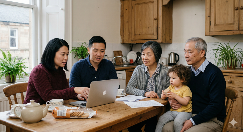 Four adults and a toddler sit together around a wooden kitchen table in a Glasgow flat. Aisha, wearing a burgundy jumper, and Lee, wearing a navy shirt, sit on one side looking at an open laptop. Aisha's mother, wearing a grey cardigan, sits opposite holding toddler Mei who is alert and looking around. Aisha's father, wearing a collared shirt, sits beside them with a calm expression. A teapot, cups, and a packet of biscuits sit on the table. Houseplants line the windowsill behind them.