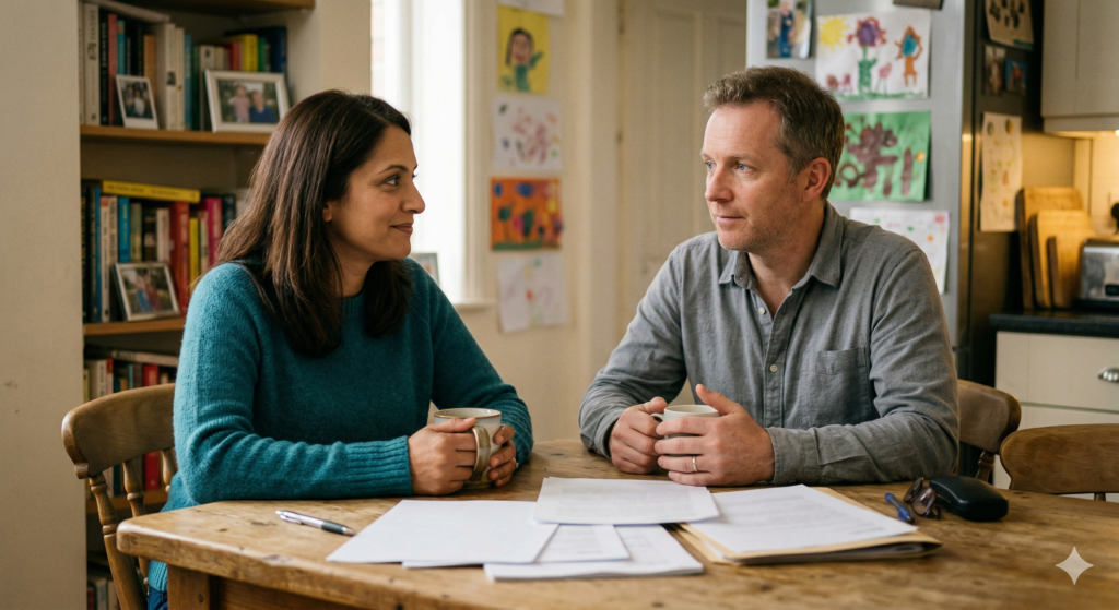 Priya and Dan sit together at a wooden kitchen table in their Leeds home, both holding mugs and looking at each other with calm, quietly relieved expressions. Priya is wearing a teal knit jumper and Dan is wearing a grey casual shirt. Blank documents sit on the table in front of them. A large bookshelf is visible to the left and multiple children's drawings cover the wall behind them.