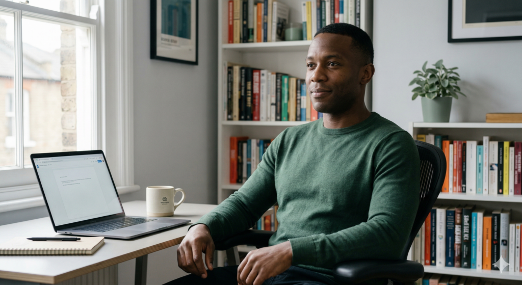 Marcus, a Black British man in his mid thirties wearing a forest green jumper, sits back in his chair at his desk in his London flat with a calm and settled expression. A laptop is open on the desk beside him along with a mug and a notepad. A large bookshelf filled with books is visible behind him and natural light comes through the window to his left.