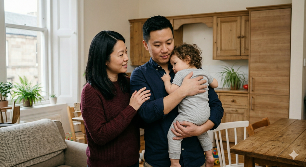 Aisha and Lee stand together in the living area of their Glasgow flat. Aisha is wearing a burgundy jumper and Lee is wearing a navy shirt. Lee is holding their toddler daughter Mei, who is nestled comfortably against his shoulder. Aisha stands close beside them with her hand on Lee's arm, looking at both of them with a warm and settled expression. Houseplants are visible on the windowsill and natural daylight fills the room.